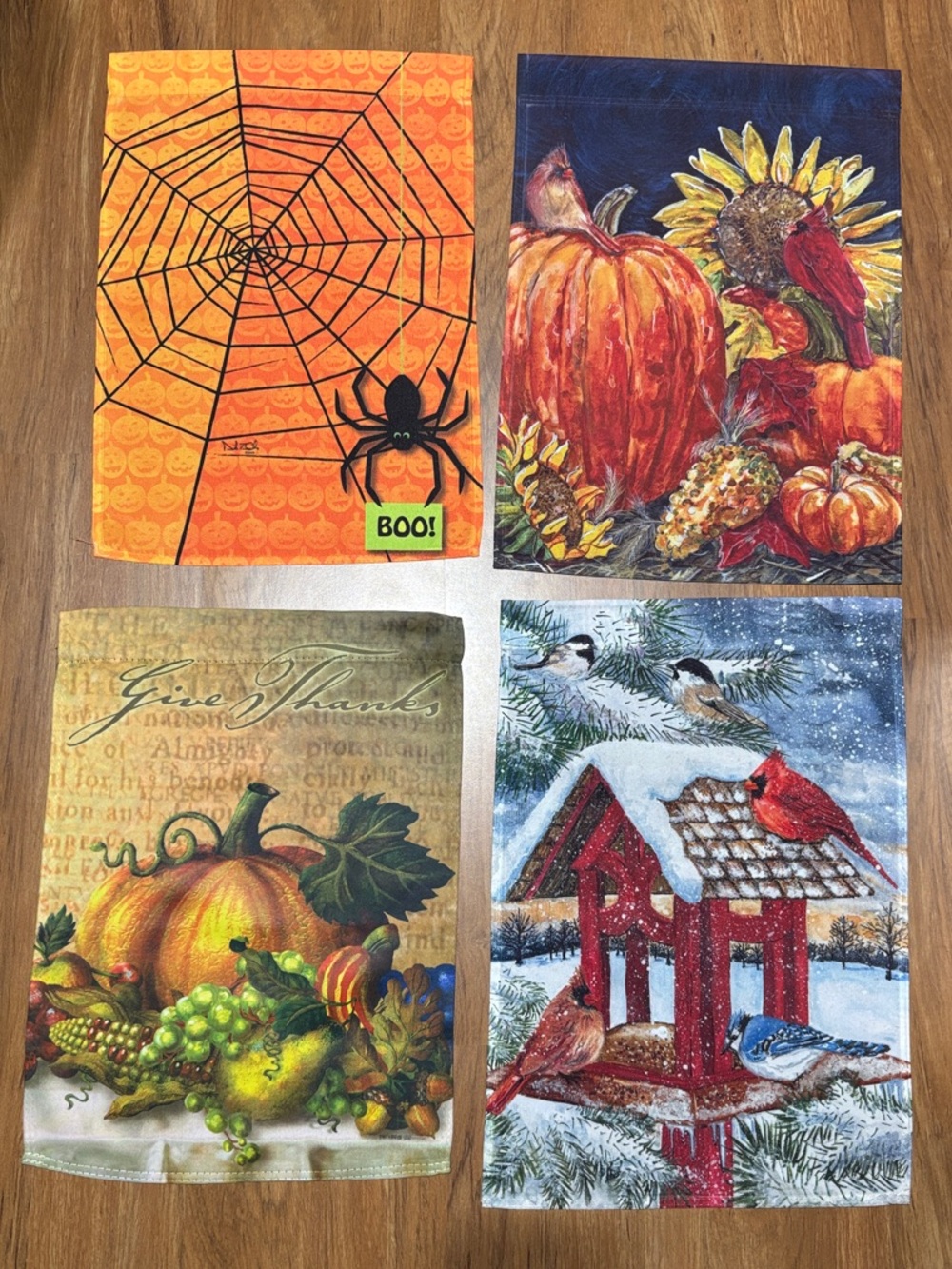 4 Garden Flags by Evergreen - for Halloween, Fall, Thanksgiving and Winter.